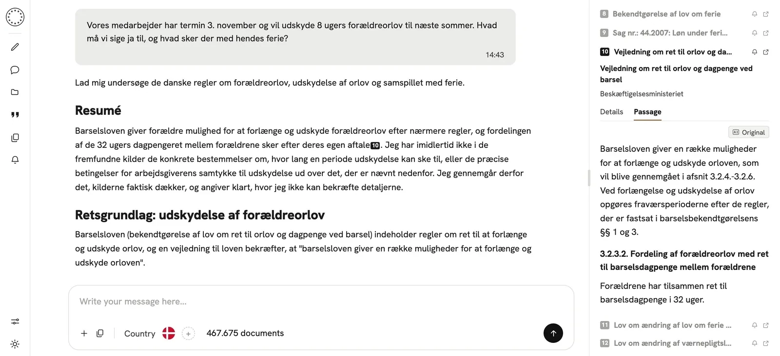 eulaw.ai: spørgsmål om udskudt forældreorlov, svar med resumé og retsgrundlag, og kildepanel med passagen fra vejledningen til barselsloven