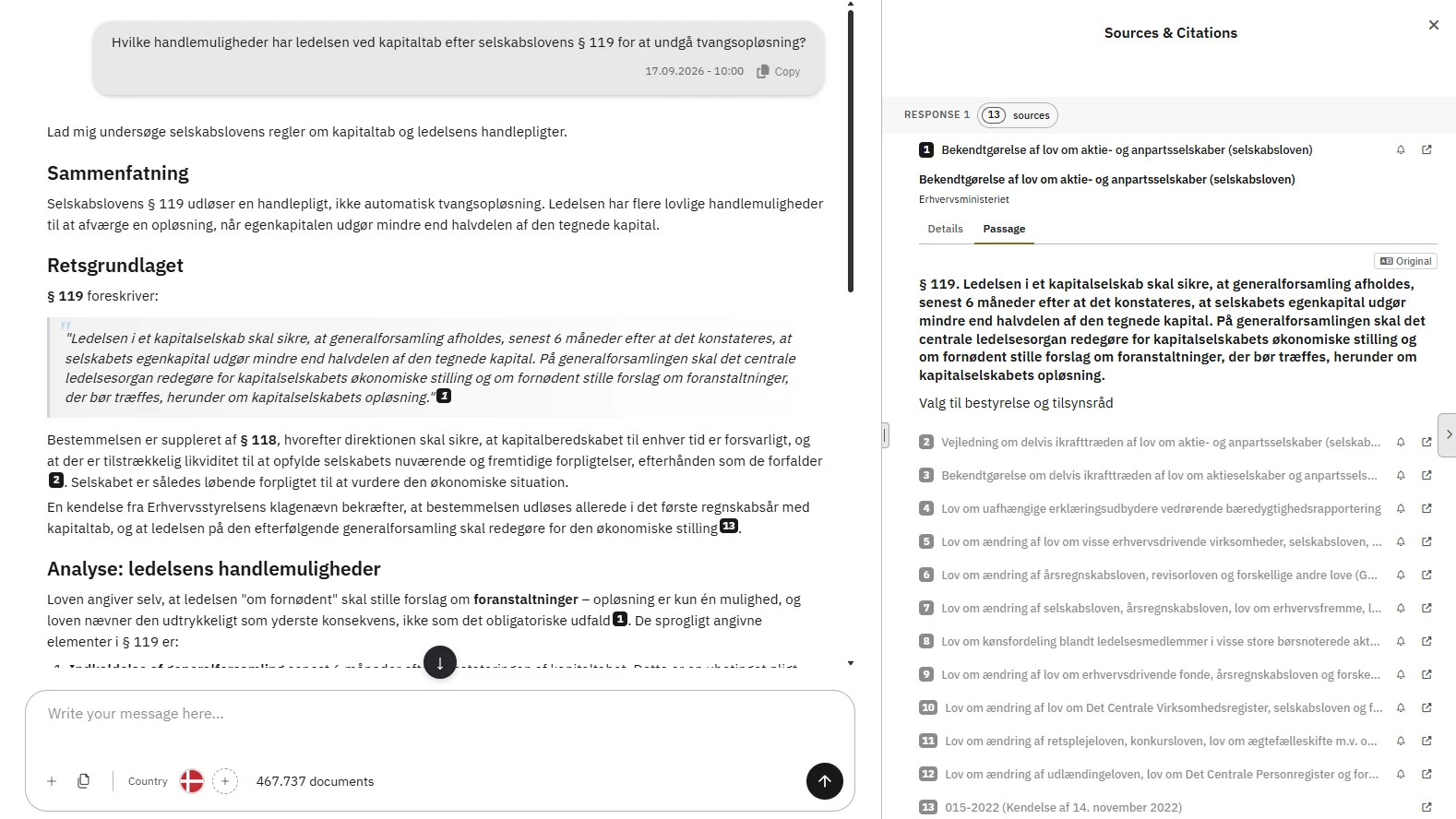 eulaw.ai: spørgsmål om ledelsens handlemuligheder ved kapitaltab, svar med sammenfatning og retsgrundlag, og kildepanel med selskabslovens § 119