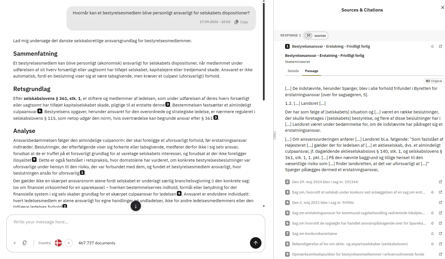 eulaw.ai: spørgsmål om bestyrelsesmedlemmers personlige ansvar, svar med sammenfatning og retsgrundlag, og kildepanel med passagen fra en afgørelse om bestyrelsesansvar