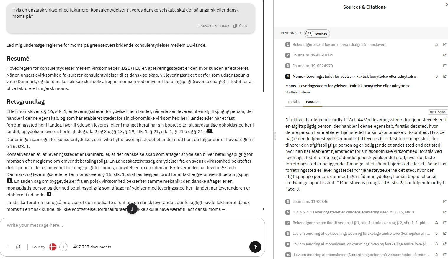 eulaw.ai: spørgsmål om moms på konsulentydelser fra en ungarsk virksomhed, svar med resumé og retsgrundlag, og kildepanel med passagen om leveringsstedet for ydelser
