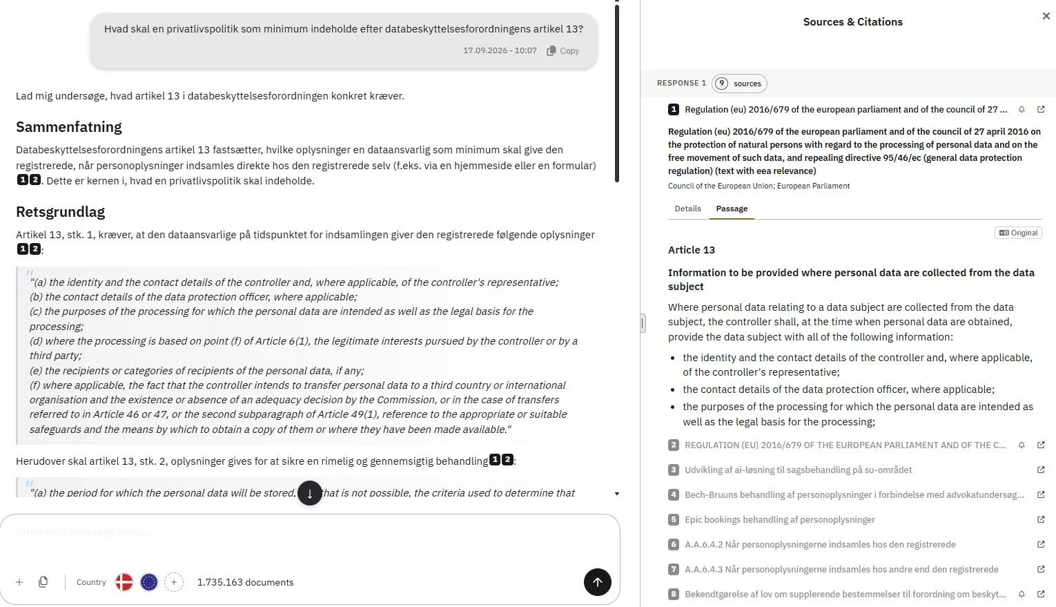 eulaw.ai: spørgsmål om kravene til en privatlivspolitik efter databeskyttelsesforordningens artikel 13, svar med sammenfatning og retsgrundlag, og kildepanel med artiklens tekst